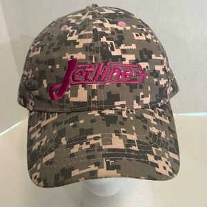 Jetline baseball cap hat pink embroidery on gray camouflage design. Velcro back